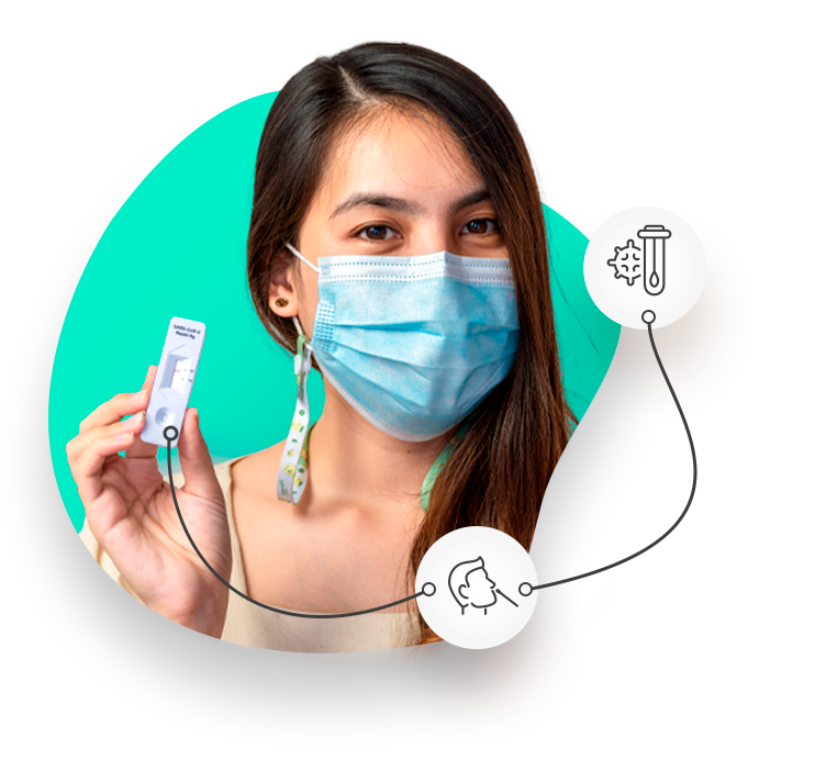 Girl with mask on holding COVID test