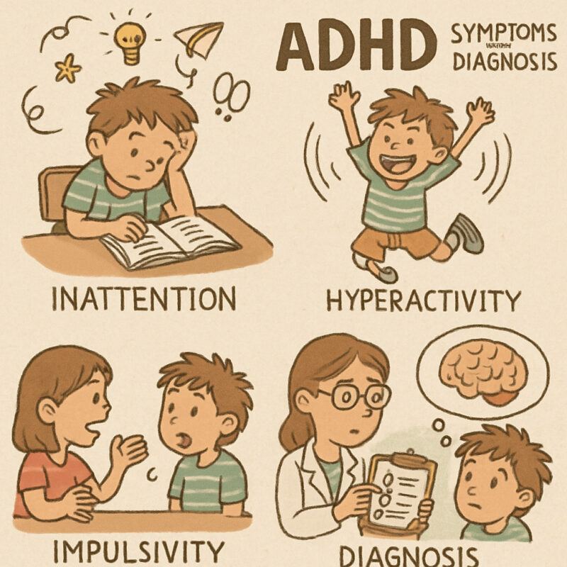 Illustration of ADHD symptoms and diagnosis process